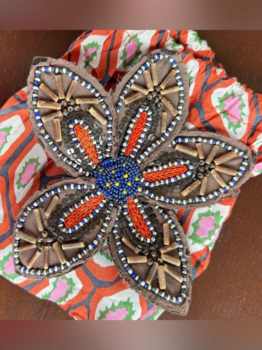 Maliparmi Beaded Floral Brooch in Orange, Blue and Brown